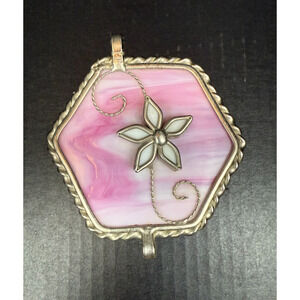 Stained Glass Trinket Box Hexagon Pink Flower Star Top Etched Glass Bottom